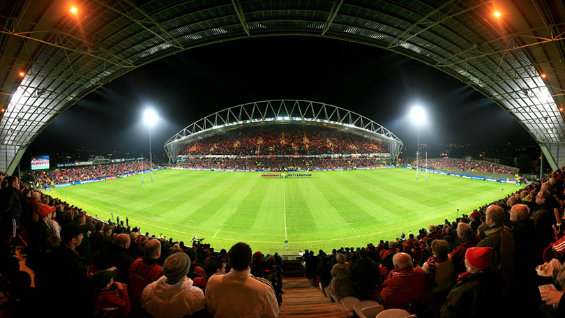 A view of Thomond Park Stadium Limerick, with fans in the stands