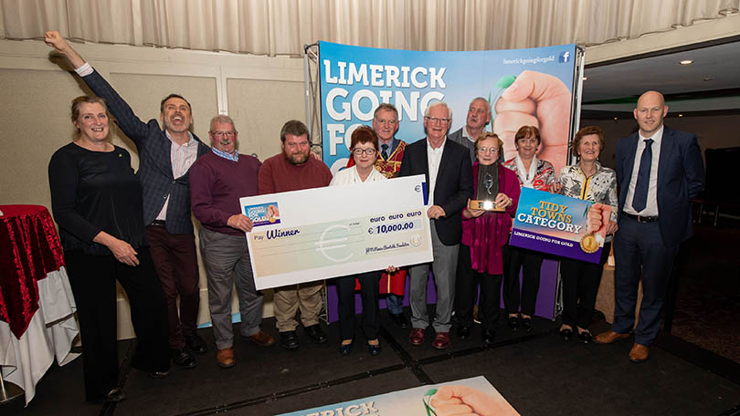 Going for Gold winners, Ardpatrick, were joined on stage by Helen O'Donnell, Limerick City Tidy Towns, Richard Lynch, ILove Limerick, Mayor of Limerick City and County Cllr. Michael Sheahan and Gordon Daly, Limerick City and County Council. Photo by Alan Place